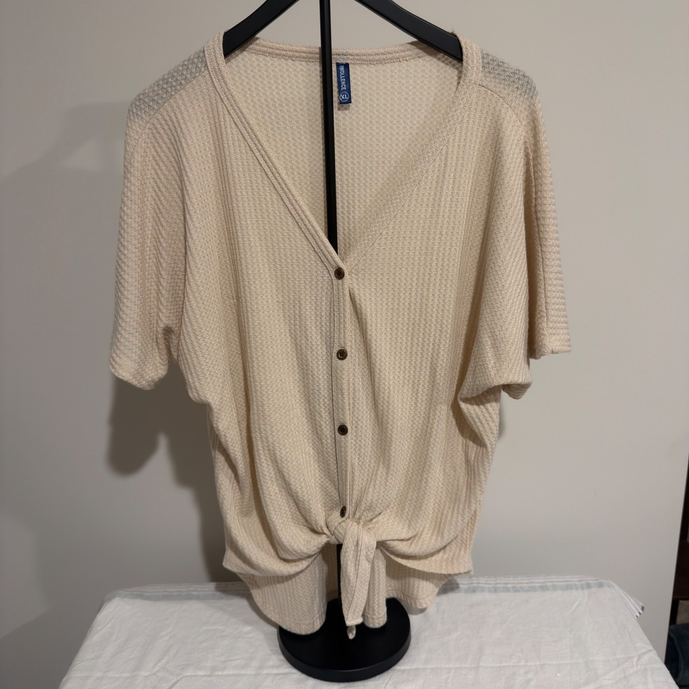 Iwollence Waffle Knit Button Down Tie Knot Top Cream Beige XL Batwing Sleeve